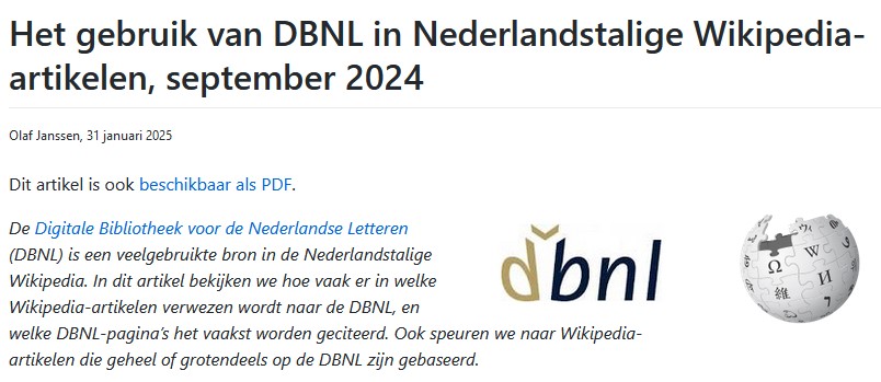 Screenshot van het artikel 'Het gebruik van DBNL in Nederlandstalige Wikipedia-artikelen, september 2024' op Github.