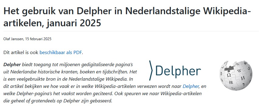 Screenshot van het artikel 'Het gebruik van Delpher in Nederlandstalige Wikipedia-artikelen, januari 2025' op Github.