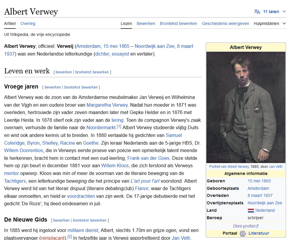 Screenshot van het Nederlandstalige Wikipedia-artikel over de Nederlandse auteur Albert_Verwey (1865–1937)