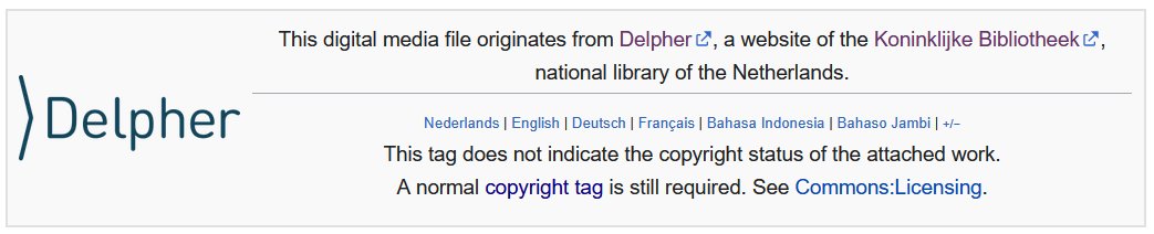 Screenshot of the rendered Delpher source template on Wikimedia Commons.
